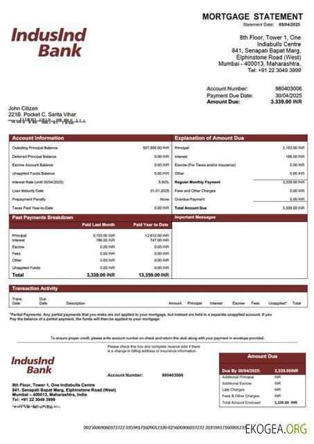 Modèle Word et PDF de relevé hypothécaire de l'IndusInd Bank en Inde